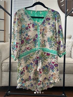 Spell Floral Tunic in Beige with Green Trim and Multicolor Floral Print